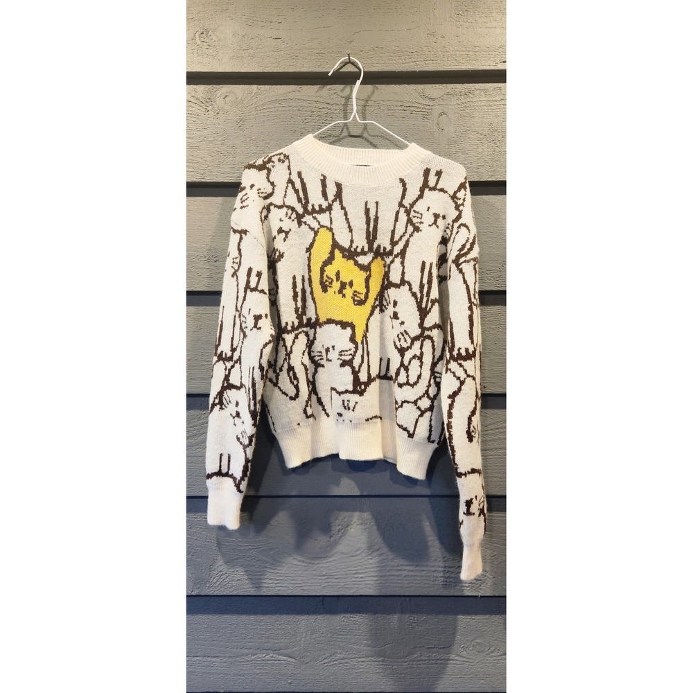 Cider Sweater Womens Large White Cat Graphic Knit Pullover Crewneck Allover Cats